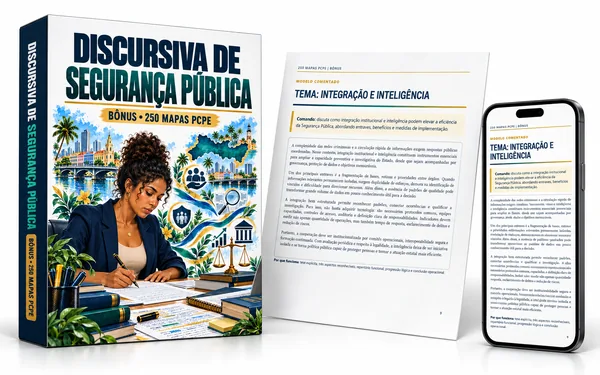 Mockup da Discursiva de Segurança Pública com box 3D, página interna e smartphone