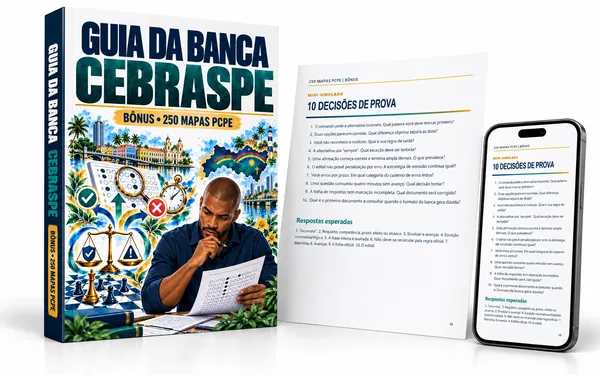 Mockup do Guia da Banca Cebraspe com box 3D, página interna e smartphone