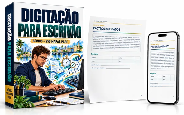 Mockup da Digitação para Escrivão com box 3D, página interna e smartphone