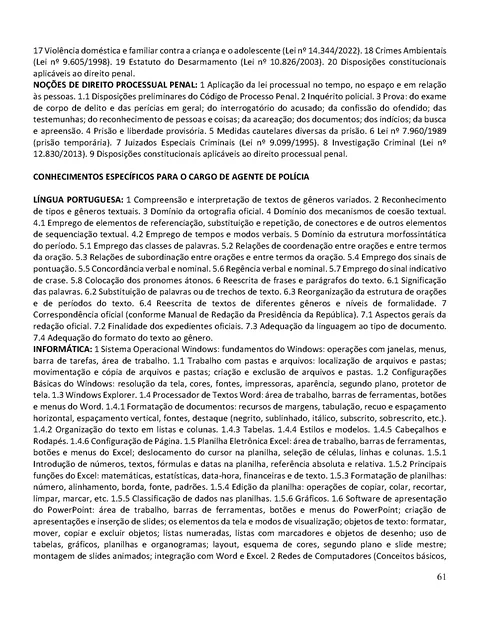 Página 61 do edital oficial PCPE 2023 com o conteúdo programático de Direito Processual Penal
